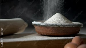 Flour being sieved into a rustic bowl. Baking ingredients and equipment included in frame. Muted colour palette. Slow motion falling flour against a dark background.