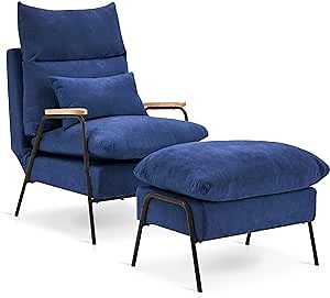 MCombo Accent Recliner Chair with Ottoman, Modern Fabric Armchair, Upholstered Sofa Bed for Living Room Bedroom, Small Space 4055 (Black Frame, Blue)