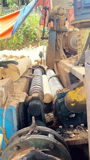 Heavy Industrial Machinery Peeling Bark from Massive Wooden Logs