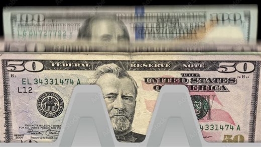 Stylized money counting machine animation with mixed US dollar bills of various denominations. Seamless stop motion loop depicting shadow economy, cash flow, jackpot and financial wealth generation