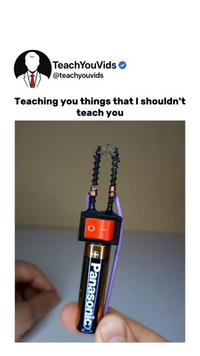 Teach You Vids on Instagram: "What looks like magic is actually just basic physics in action. Many viral electrical tricks seem mysterious, but they are built on simple scientific principles. Once you understand the concept, the illusion disappears. A battery produces direct current, and when electricity passes through tightly wound metal like a spring, the energy becomes concentrated. Because the contact area is small and resistive, the current doesn’t spread evenly. This can create sparks or s