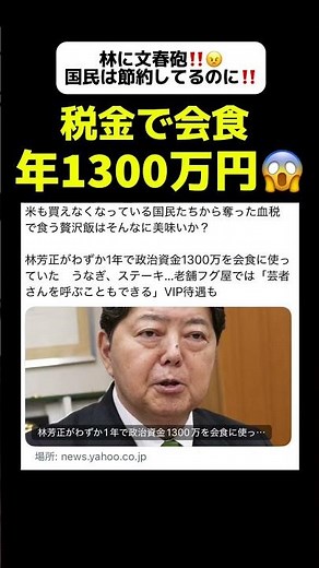 【わずか1年で1300万円⁉️😳】林芳正、フグやうなぎ、ステーキなどわずか1年で1300万円会食に使っていた💦#林芳正 #自民党解体 #自民党 #詐欺師 #政治 #政治ニュース #政治問題