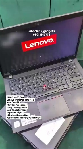 PRICE: ₦430,000 Lenovo ThinkPad T14/T14s Intel Core i5 10th Gen Processor 256gb SSD 8gb RAM Non-Touch Screen Keyboard Light 14 Inches Screen Size USB Port Type C Port HDMI Port Windows 11/10 Pro 64bit Foreign Used, Tested Perfectly Ok. Clean & Neatly Used! Slim, Sleek and Portable Long Lasting Battery Life ➡️FREE Laptop Bag 💼 ➡️FREE Drivers Updates ➡️FREE Software Installations ➡️FREE Windows Activation ➡️FREE Original Follow Come Laptop Charger ➡️1 Month Warranty (Warranty Does Not Cover For P