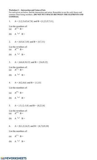 Intersection and Union of Sets worksheet