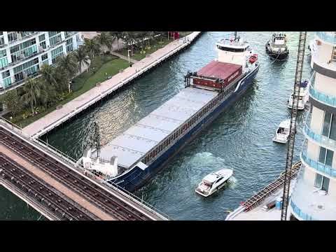 Tugboats Escorting A Cargo Ship Under The Metro Rail