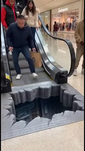 Badi | Ai Creator on Instagram: "In a crowded shopping mall, an escalator carries people downward toward the ground floor. At the bottom, a realistic 3D illusion is painted on the floor, making it look like a deep pit has opened up. As shoppers step off the escalator, some are startled and stumble, appearing to fall into the illusion. The artwork creates confusion and amazement, turning a normal moment in the mall into an unforgettable visual experience. #ShoppingMall #3Dillusion #OpticalIllusio