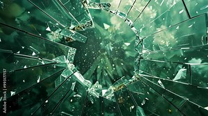 A shattered window pane with a green tint, showing the damage caused by a forceful impact
