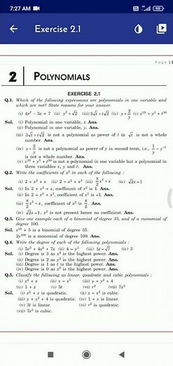 Class 9 Maths Chapter:-2 Polynomial Exercise 2.1 Solution