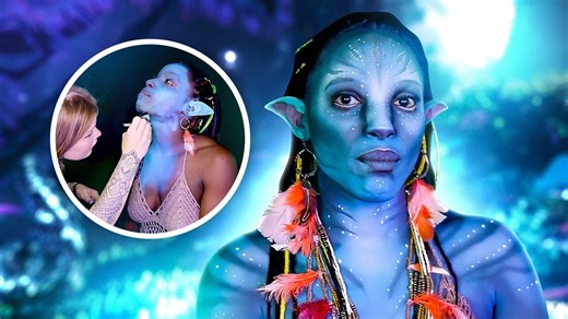 Avatar cosplay makeup turning a friend into Na’vi