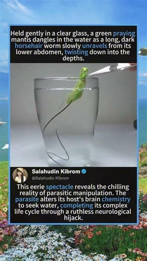 Alien Parasite Emerges! Horsehair Worm Leaves Drowning Praying Mantis 🪱#parasite #nature #horsehair