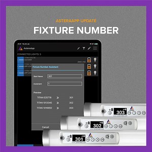 You can now assign not only a fixture NAME but also a fixture NUMBER to each light. While Fixture names are permanent, fixture number can be assigned differently on each job. The fixture number is displayed in the light’s screen and it is recommended to match fixture number of light and DMX console. Make sure to upgrade your phone/table to V11.55 and update your fixtures as well. Watch the full tutorial which shows different ways of assigning fixture numbers. | Astera