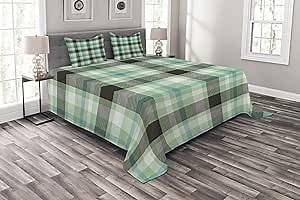 Lunarable Abstract Bedspread, Geometric Tartan Plaid Pattern Traditional Vintage Design, Decorative Quilted 3 Piece Coverlet Set with 2 Pillow Shams, King Size, Mint Green Dark Grey White Blue