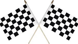 2Pcs 8x12 Inch Checkered Flags Black and White Racing Flags on Stick, Formula One F1 Racing Hand Held Stick Flag with Kid-Safe Spear Top, Children's Party Decoration