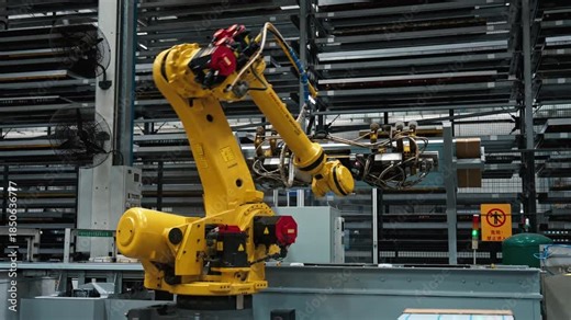High Tech Factory Working Robotic Arm Operates. Technology Precision Automation Industrial Innovation. Large Production Advanced Manufacturing with Robotics Engineering and Future of Smart Industry.