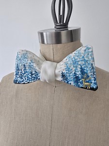 Self-tie & Pre-tie Bow Tie | White Satin | Hand Painted Pine Forest and Hand Embroidered Golden Stag in a Silver Snow Falling - Etsy