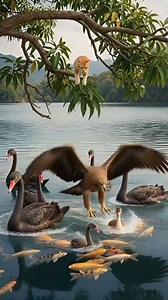 The cygnet survived the eagle's attack because of the clever cat 🤩 #AiGenerated #swan #cygnet #eagle #cat #southamerica | M Efen Cahyo