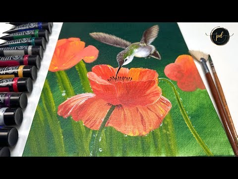 Humming Bird feeding on nectar of poppy flower/ Acrylic painting/ step by step