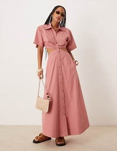 ASOS DESIGN v neck cut out waist shirt midi dress in dusty rose | ASOS