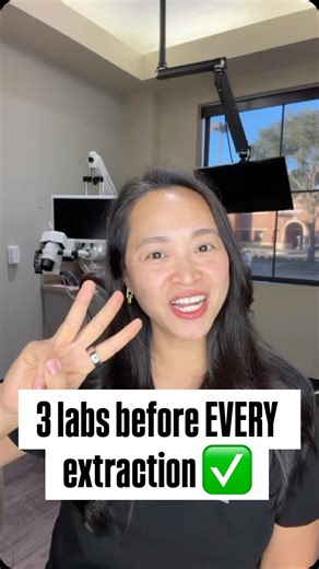 Three labs I check before every extraction. Here’s why. 🩸 Every extraction is surgery. And surgery requires readiness. I don’t care if it’s a simple extraction or a surgical one. If we’re removing a tooth, I’m checking these three labs first: 1. CBC (Complete Blood Count) Can they clot properly? Is their immune system ready? If their platelets are low or their white blood cells are off, we need to know before we start. 2. Vitamin D Bone healing depends on it. If they’re severely deficient, that