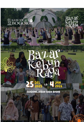 Hallo Teman #KebunRaya Hari ke-4 Bazar Kebun Raya makin ramai dan seru. Beragam penampilan menarik dan aktivitas jadi alasan buat kamu untuk mengunjungi Kebun Raya Bogor lho! Pstt Teman #KebunRaya belum sempat datang? Bazar Kebun Raya masih berlangsung sampai 4 Januari 2026 nih 🤫 Yuk, segera rencanakan kunjunganmu bersama keluarga dan orang terkasih ke #KebunRayaBogor 😉 #AyoKeKebunRaya #BazarKebunRaya