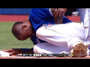 TB@TOR: Reyes gets hit with ball on pickoff attempt