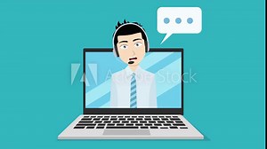 Cartoon style, colorful animation of customer service support. Happy dark hair man with headphones is talking on a laptop screen. Animation is in easy to edit loop.