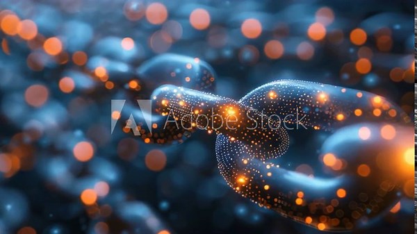 Visualization of a blockchain network with interconnecting nodes and links. It demonstrates the decentralized nature of blockchain technology.