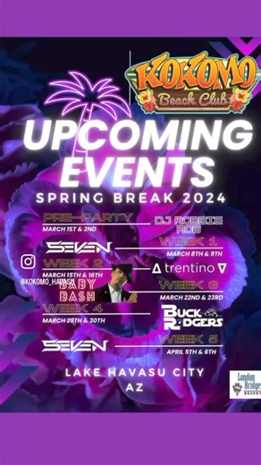 The funs not over yet! Wrap up your Spring Break at Kokomo Beach Club- catch Buck Rodgers this weekend and Seven next weekend! 🎵🎤 | Kokomo Havasu