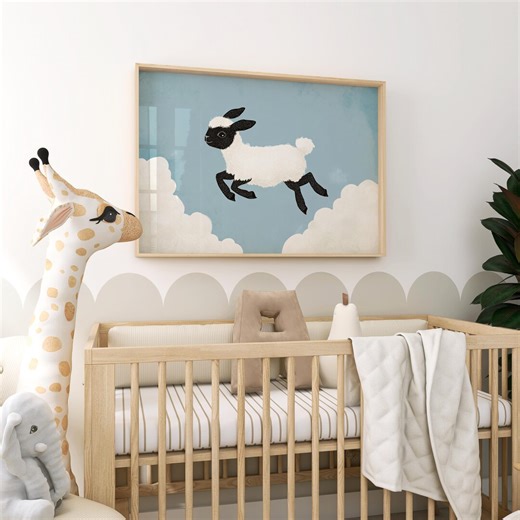 Sheep Jumping Over Clouds, Bedroom Wall Art, Whimsical Nursery Illustration, Kids Animal Print, Playful Baby Room Poster, Playroom Decor - Etsy