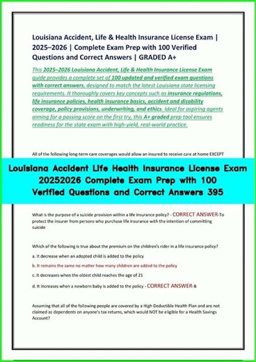 Louisiana Accident Life Health Insurance License Exam 20252026 Complete Exam Prep with 100 Verifi
