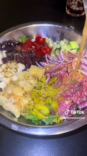 This antipasto has all my favorite fixings! 🤭 paired with a zesty homeade dressing. Ingredients • Spring Mix • Cherry Tomatoes • Red Onion • Pepperchini • Dried Salami • Manchego Cheese • Cucumber • Artichoke Hearts • Kalamata Olives Dressing • 1/3 cup Olive Oil • 1/3 cup Red Wine Vinegar • 1 Lemon Slice Juice • 1 Spoon Dijon Mustard • 1 tsp Oregeno • 1 tsp Garlic Powder • 1 tsp Salt • 1 tsp Parsley