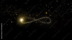 Looping golden flickering particles with infinity symbol looped animation on clean black copy space background.