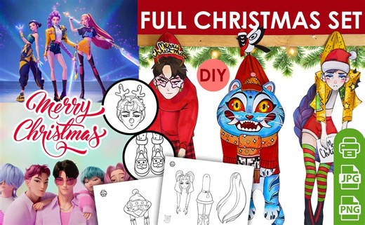 Kpop Demon Hunters Paper Doll | Huntrix Christmas Paper Doll | Printable Saja Boys Craft Kit, Anime Style Coloring Activity, DIY Cartoon Toy - Etsy Australia