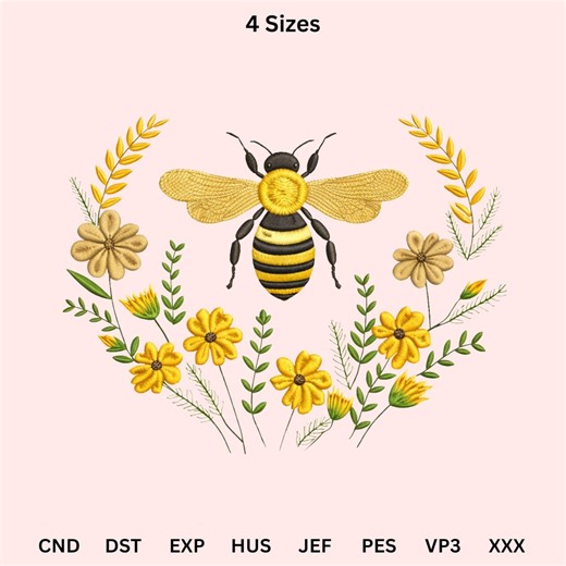 Floral Machine Embroidery Design, Honey Bee Flowers Embroidery Pattern, 4 Sizes, Digital Download. - Etsy