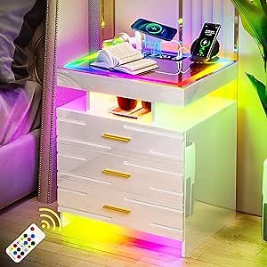 RGB LED Nightstand with Charging Station, White Night Stand with Touch Screen Glass, Nightstands with Dazzling Light by Remote Control, Night Stands with 3 Drawers for Bedroom (White)