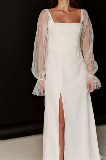 Minimalist Crepe Wedding Dress: Square Neck, Open Back, High Slit - Etsy