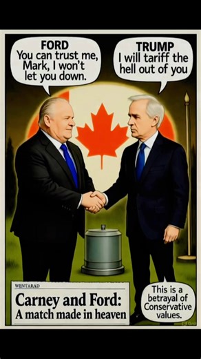 14 shares | Oh Dougie and Marky-Mark, holding hands over $3B in mini-nukes like it's prom night in Ottawa. "Tariffs? Pfft, we'll glow our way to independence!" Who knew Ford's beer gut and Carney's banker squint made the ultimate power couple? ☢️ #FordCarneyBromance #GlowUpCanada | Brian Colleen Schaffner | Facebook