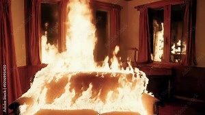 Fire in the room, sofa on fire, Burning sofa in the living room, Flame engulfs the sofa in the house