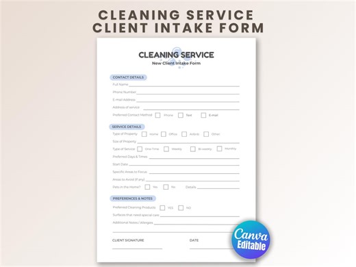 Cleaning Client Intake Form, Editable Canva Template, New Client Information Sheet, Residential & Commercial Cleaning Business PDF