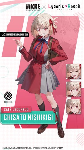 GODDESS OF VICTORY: NIKKE on Instagram: "【Collaboration Character Introduction】 Chisato Nishikigi ✔️ Manufacturer: Abnormal ✔️ Affiliation: Café LycoReco ✔️ Weapon: SMG: Suppressive Submachine Gun She calls herself the official mascot of Café LycoReco and goes about her work cheerfully and energetically. HD Ver 🔗:https://youtube.com/shorts/md25otgsxk0?feature=share #NIKKE #NIKKEChisato #LycoReco #NIKKExLycoris"
