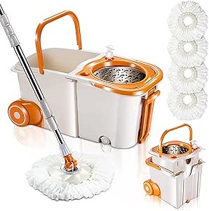 Amazon.com: MASTERTOP Floor Spin Mop Bucket System with Wringer Set - Stainless Steel Mop Handle, Separate Clean and Dirty Water, 4 Washable Microfiber Mop Head, Cleaning Bucket Easy to Store : Health & Household