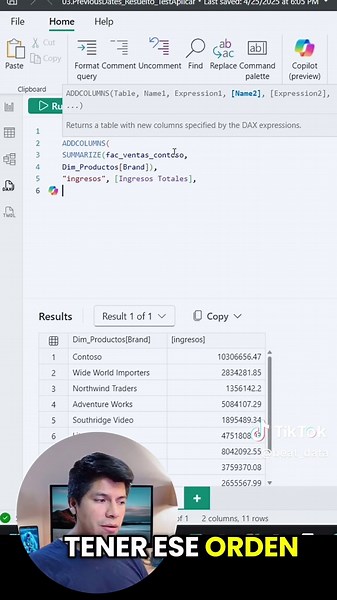 ¿Quieres mejorar tu lógica en DAX? Hoy te enseño cómo calcular un Rolling Total o Total Acumulado usando ADDCOLUMNS ➕ SUMMARIZE en el editor de DAX. Aprender este patrón no solo te ayuda a resolver este tipo de cálculos, sino que también fortalece tu pensamiento lógico 🧠 para dominar DAX y construir mejores modelos en Power BI 📊. ¡Domina el arte de crear tus propias soluciones sin depender de fórmulas automáticas! 🚀 #DAX #PowerBI #DataAnalytics #RollingTotal #Acumulado #PowerBIEnEspañol #Data