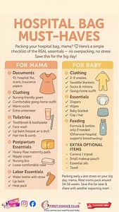 👜 Hospital Bag Must-Haves (For Mom, Baby & Partner) ⸻ “Packing your hospital bag, mama? 🤍 Here’s a simple checklist of the REAL essentials — no overpacking, no stress 💛 Save this for the big day!” ⸻ Your hospital bag doesn’t need to be huge — just well-planned. Here are the must-have items for mom, baby, and your partner, so your delivery day feels calm and prepared. ⸻ 🧡 FOR MAMA 1. Documents ✔️ ID, hospital file, scans, insurance papers 2. Clothing ✔️ Nursing-friendly gown ✔️ Comfortable go