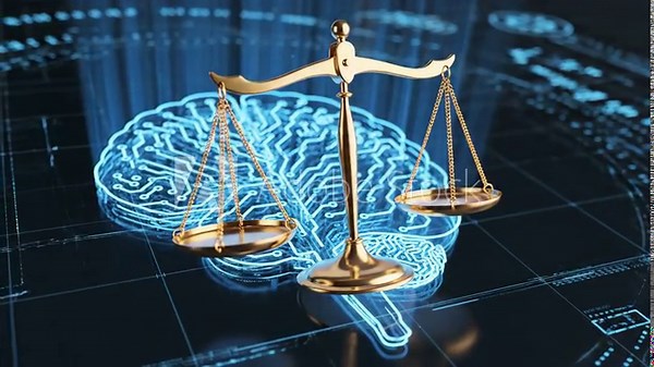 Video of Ethical AI Balance Symbol in Futuristic Interface exploring transparency, machine learning responsibility and digital regulation narrative for enterprise and fintech storytelling; macro