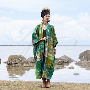 Plus Size Silk Kimono Robe: Emerald Green Floral Patchwork, Quilted Boho Style - Ember - Etsy