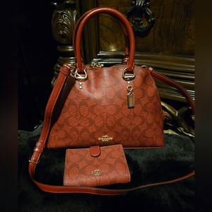Coach Katy Red Signature Satchel With Crossbody Strap And Matching Wallet Set
