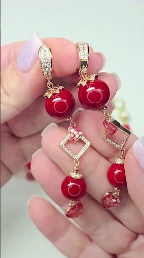 Red Earrings Section — long gold color dangles (abalone hearts & enamel spikes)