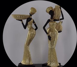 African Woman Sculpture with Basket – Elegant Black & Gold Resin Figurine, Tribal Home Decor Statue for Shelf, Tabletop or Office Display, Handmade Afrocentric Art