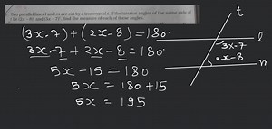 Two parallel lines l and m are cut by a transversal t. If the i... | Filo
