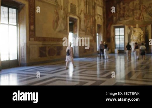 Blurred museum interior with shallow bokeh, ornate murals, marble tiles and reflective floor, soft focus on statues and windows; template overlay virtual calm Stock Video Footage - Alamy